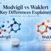 Modvigil vs Waklert comparison showing Modafinil R + S molecular composition and Armodafinil R molecular composition with 200 mg and 150 mg tablet illustrations