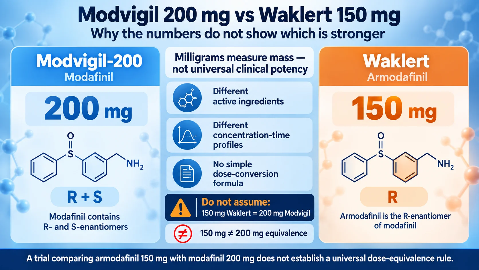 modvigil vs waklert infographic comparing Modvigil 200 mg modafinil with Waklert 150 mg armodafinil and explaining why milligram numbers do not indicate equivalent clinical potency