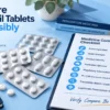 Unbranded modafinil tablet blister packs beside a medicine comparison checklist covering product identity, strength, Australian sponsor, regulatory information, PI/CMI, traceability and prescription supply.
