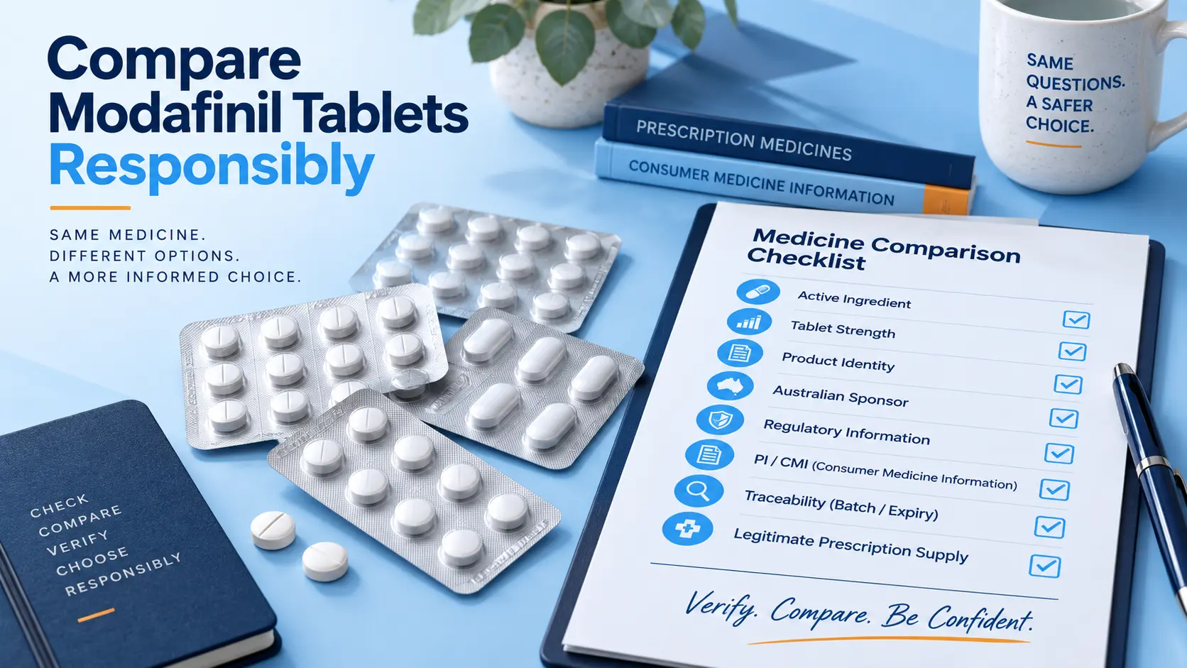 Unbranded modafinil tablet blister packs beside a medicine comparison checklist covering product identity, strength, Australian sponsor, regulatory information, PI/CMI, traceability and prescription supply.
