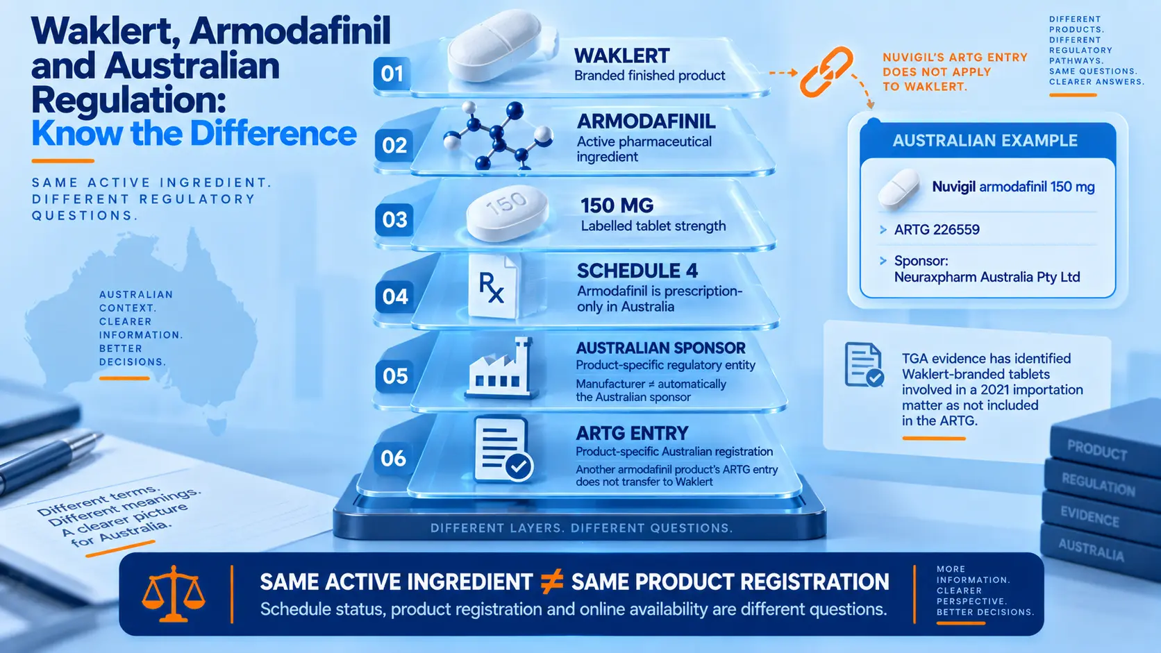 Diagram distinguishing Waklert, armodafinil, 150 mg strength, Schedule 4 status, Australian sponsorship and ARTG registration