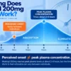 Modvigil 200mg timing illustration showing variable perceived onset and peak plasma concentration at about 2–4 hours