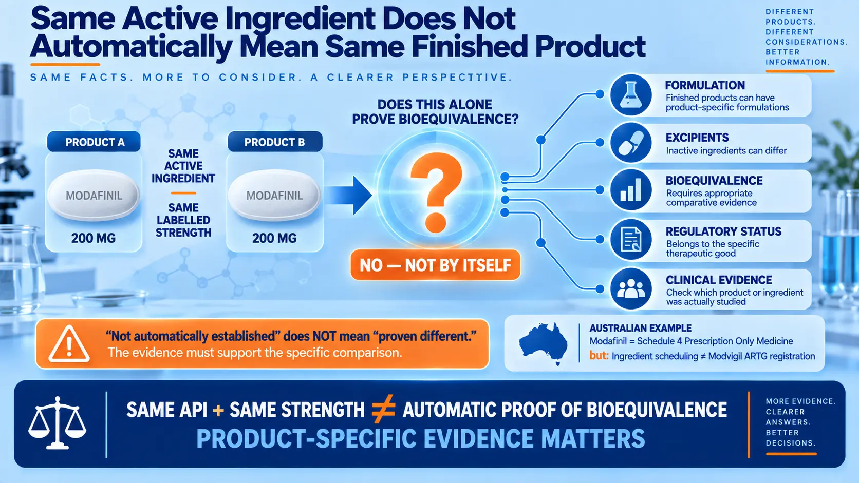 Modafinil 200mg infographic showing why the same active ingredient and strength do not automatically prove bioequivalence between finished products