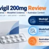 Modvigil 200mg review showing generic tablet packaging, modafinil evidence, product evidence, and Australian regulatory context.