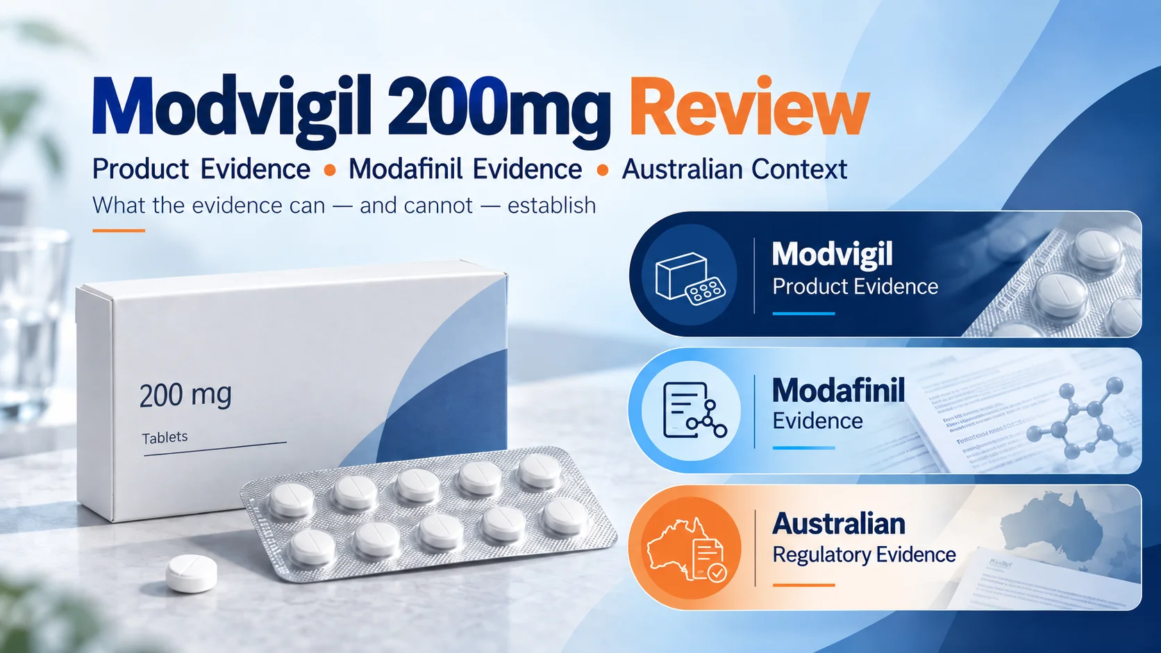 Modvigil 200mg review showing generic tablet packaging, modafinil evidence, product evidence, and Australian regulatory context.