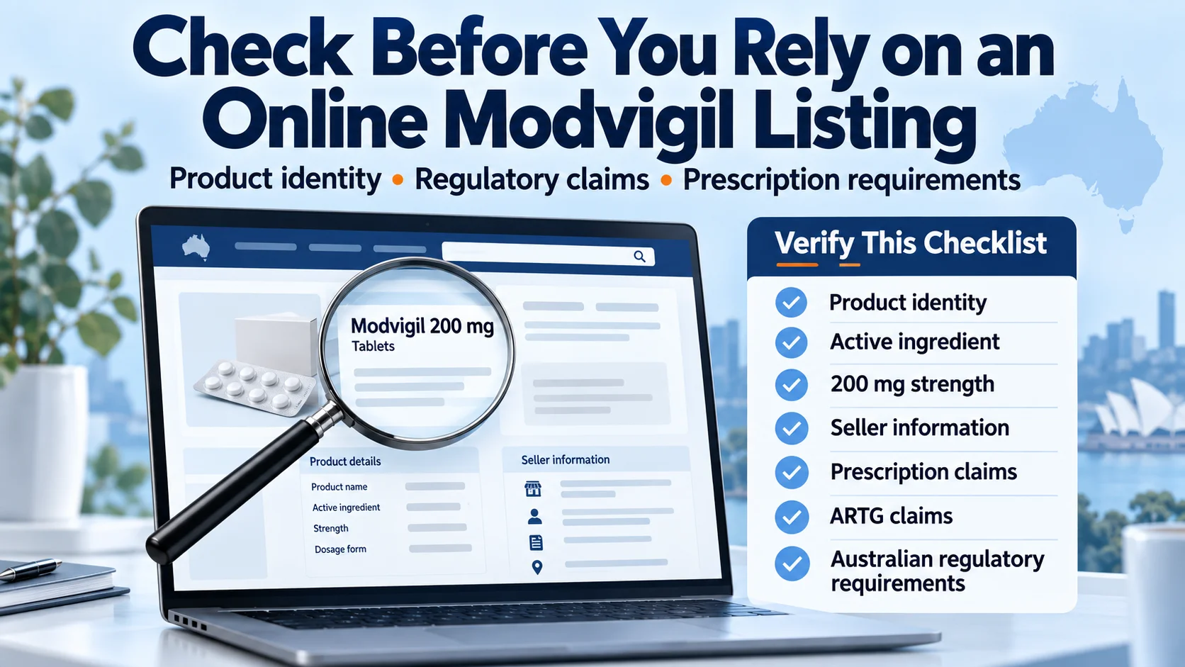 Buy Modvigil 200mg Online verification checklist showing product identity, 200 mg strength, seller information, prescription claims, ARTG claims, and Australian regulatory requirements.
