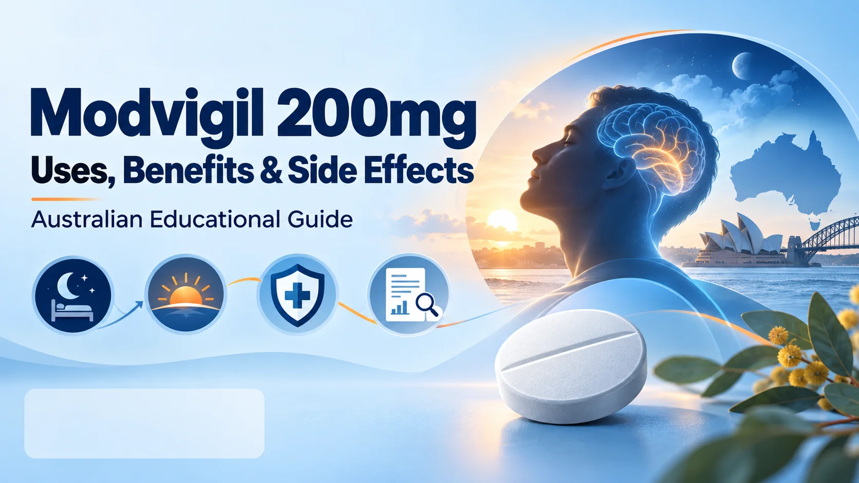 Modvigil 200mg uses, benefits and side effects illustrated in an Australian educational guide with wakefulness, safety and medical evidence symbols