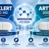 Waklert vs Artvigil: neutral comparison illustration of two brands labelled as containing armodafinil 150 mg tablets.