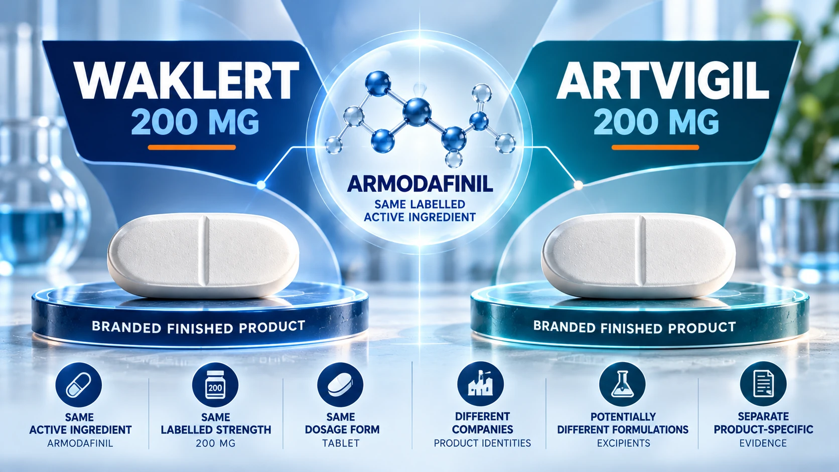 Waklert vs Artvigil: neutral comparison illustration of two brands labelled as containing armodafinil 150 mg tablets.