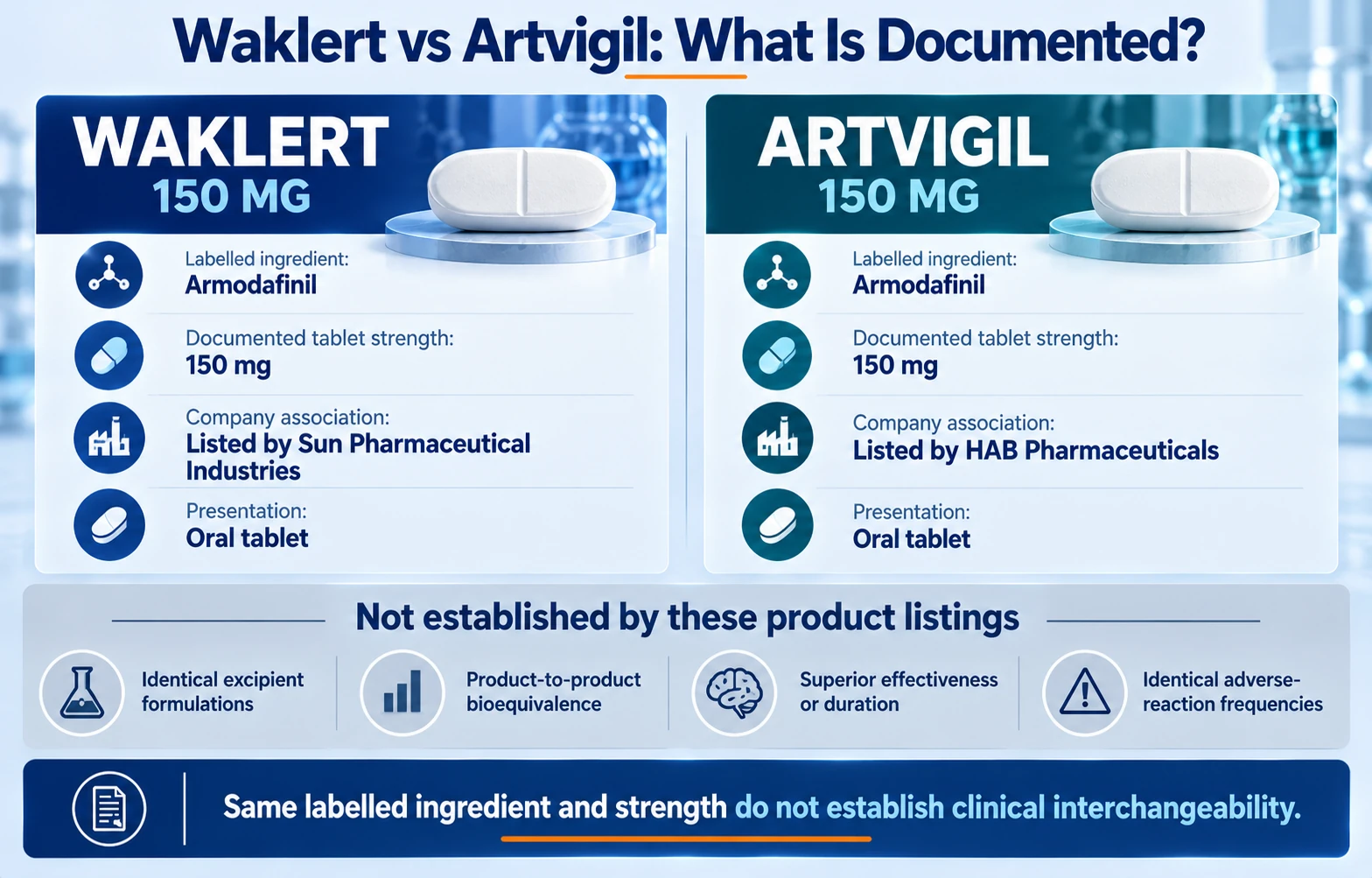 Comparison of labelled armodafinil 150 mg, company associations and unverified clinical differences