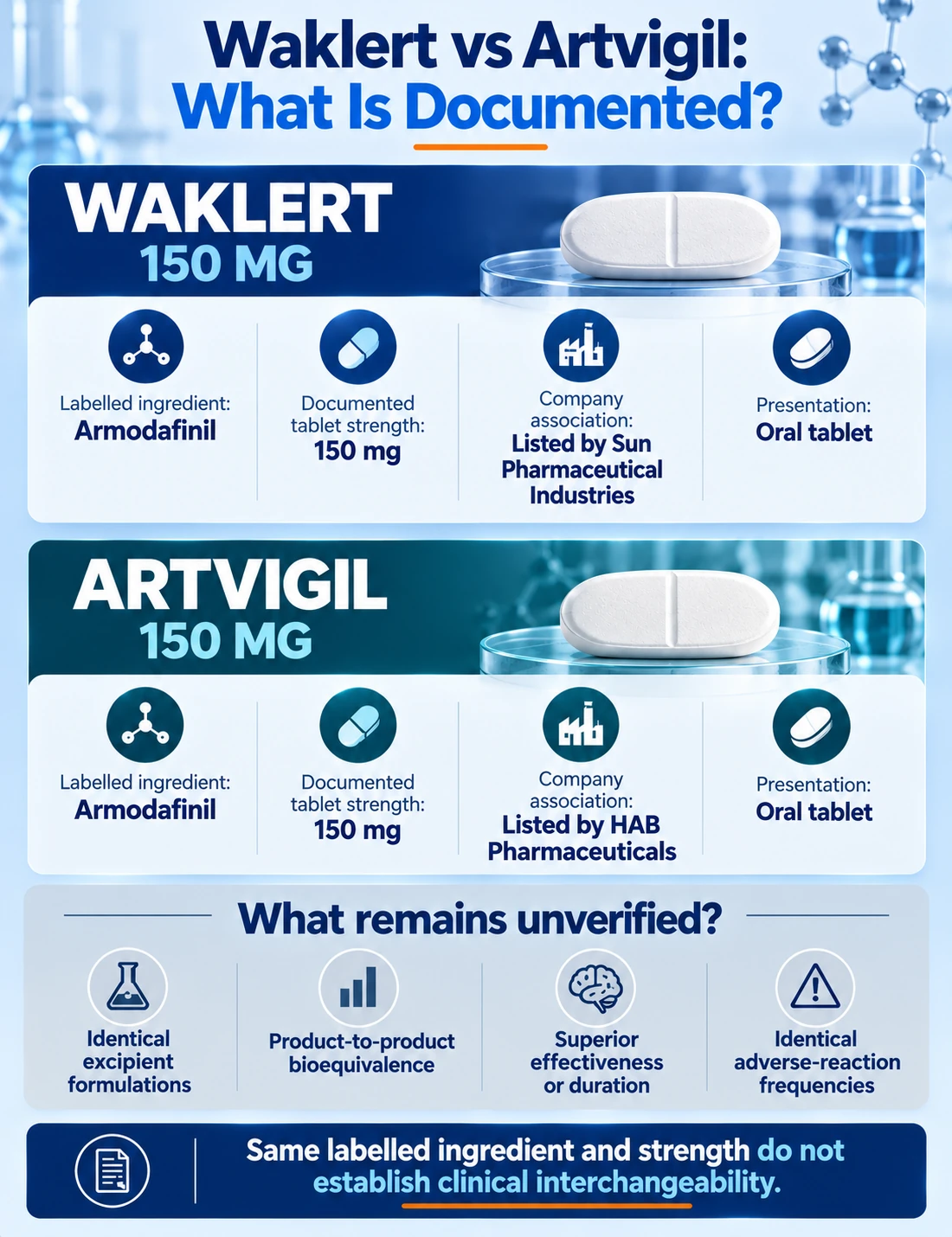 Mobile infographic comparing labelled armodafinil 150 mg and documented brand differences